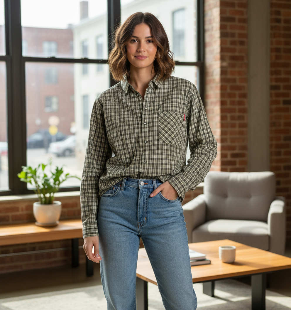 پیراهن چهارخانه زنانه کرمی‌سبز مدل لانگ آستین بلند – استایل کژوال و شهری