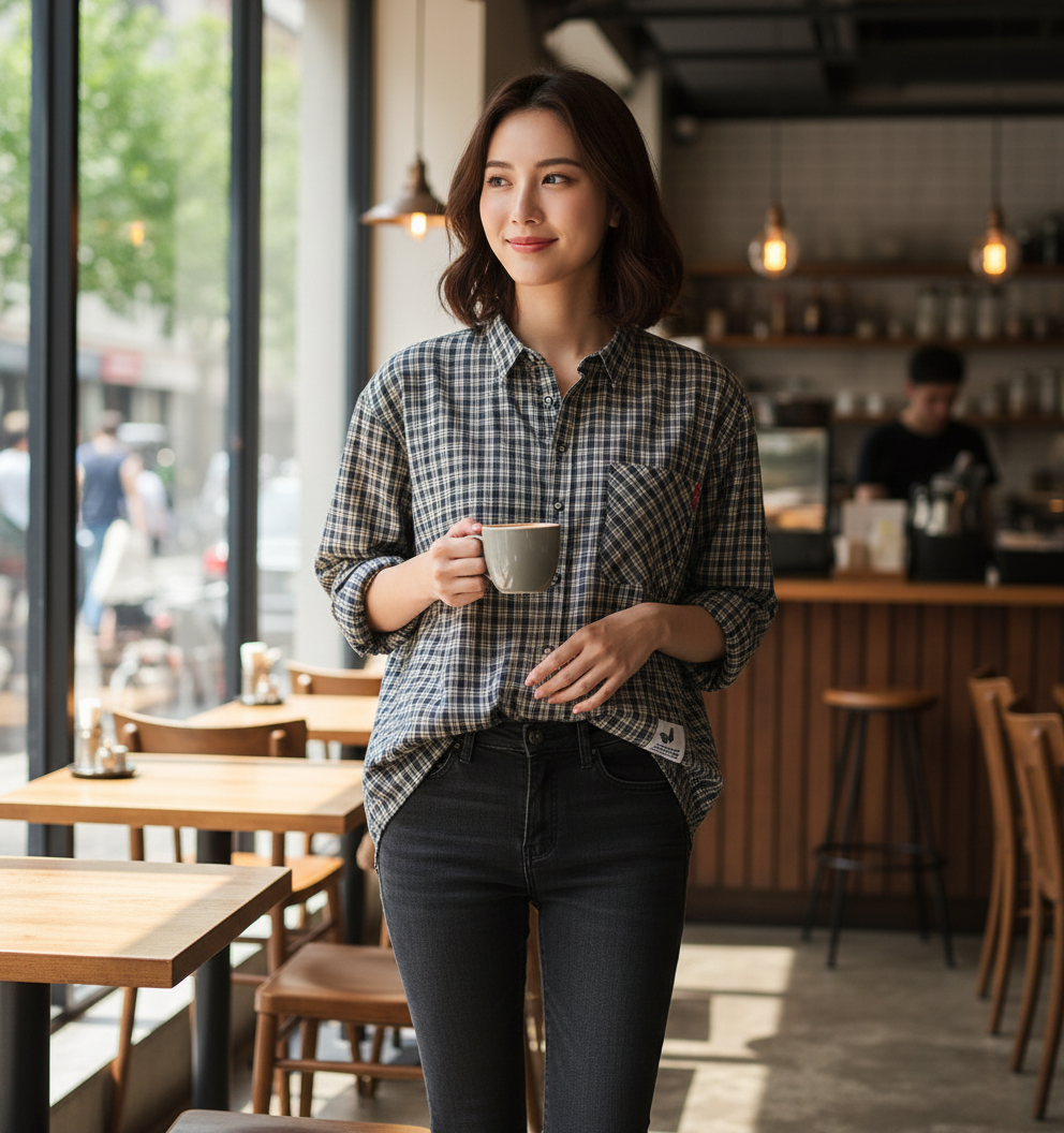 پیراهن چهارخانه زنانه سفید مشکی مدل لانگ آستین بلند – استایل کژوال و شهری