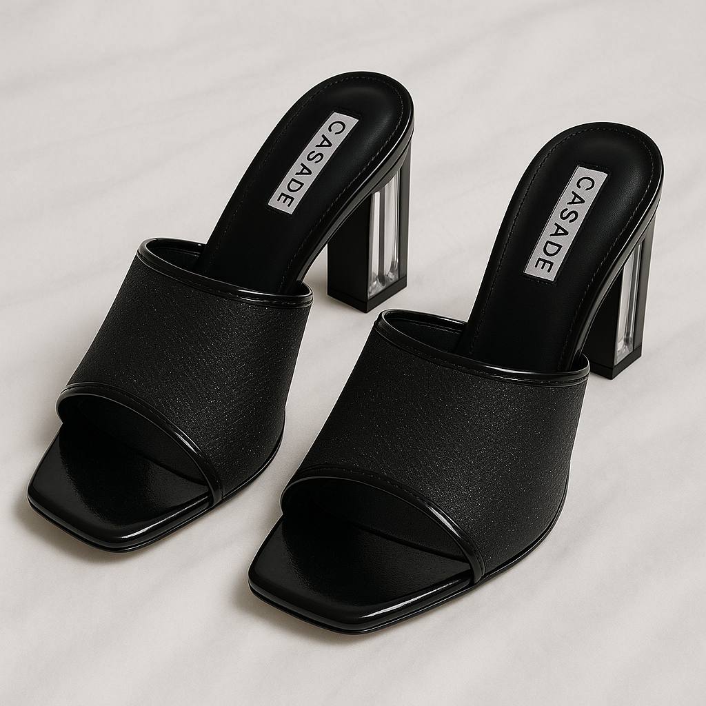 صندل زنانه پاشنه‌بلند جلو باز مشکی مدل مینیمال – پاشنه شیشه‌ای شیک