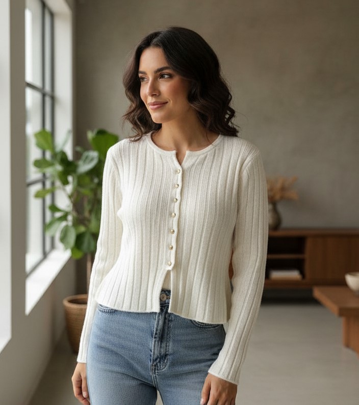 بافت زنانه یقه گرد دکمه مرواریدی